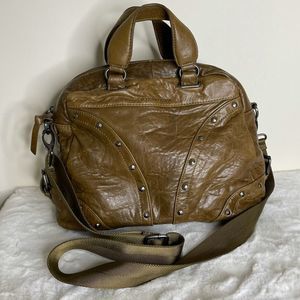 BCBGMAXAZRIA Pebbled Handbag Brown Leather Satchel | Nylon Strap